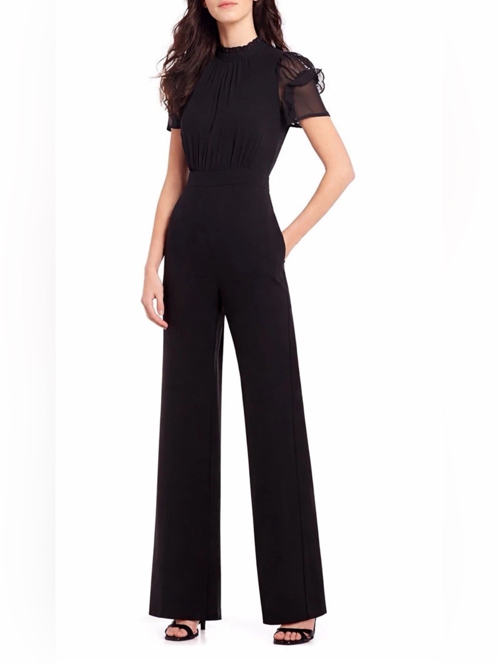 Vince Camuto Black Short Puff-Sleeve Wide-Leg Jumpsuit